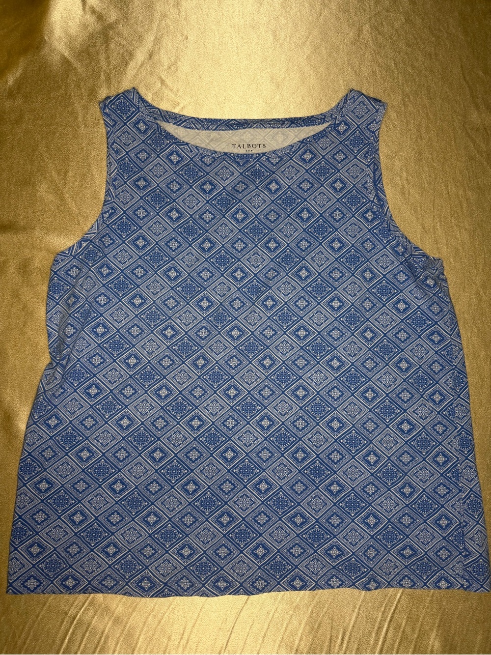 Vintage Talbots Blue Geometric Print Sleeveless Tank Top Size L Cotton Tank